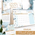 Arquivo Digital Kit Calendários 2027 de Mesa A5 A6 e Calendário Marca Página Floral Azul